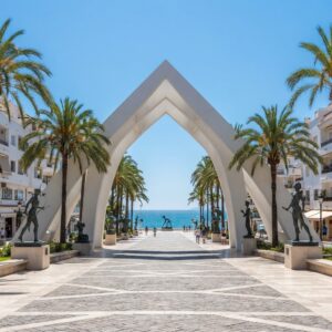 Iconic white modern arches and bronze Dali sculptures along Avenida del Mar leading to the Mediterranean sea in Marbella centre, Spain