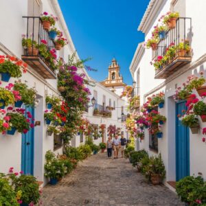 Picturesque cobblestone street in Casco Antiguo, Estepona, Spain, lined with white houses and hundreds of colorful potted flowers and bougainvillea
