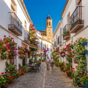 Picturesque cobblestone street in the Casco Antiguo of San Pedro de Alcántara, Spain, lined with white buildings, hanging flower pots, and bougainvillea leading to the church tower.